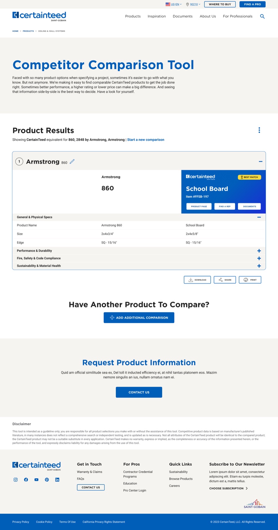The rebuilt results page with expandable rows and branded blue behind the CertainTeed column
