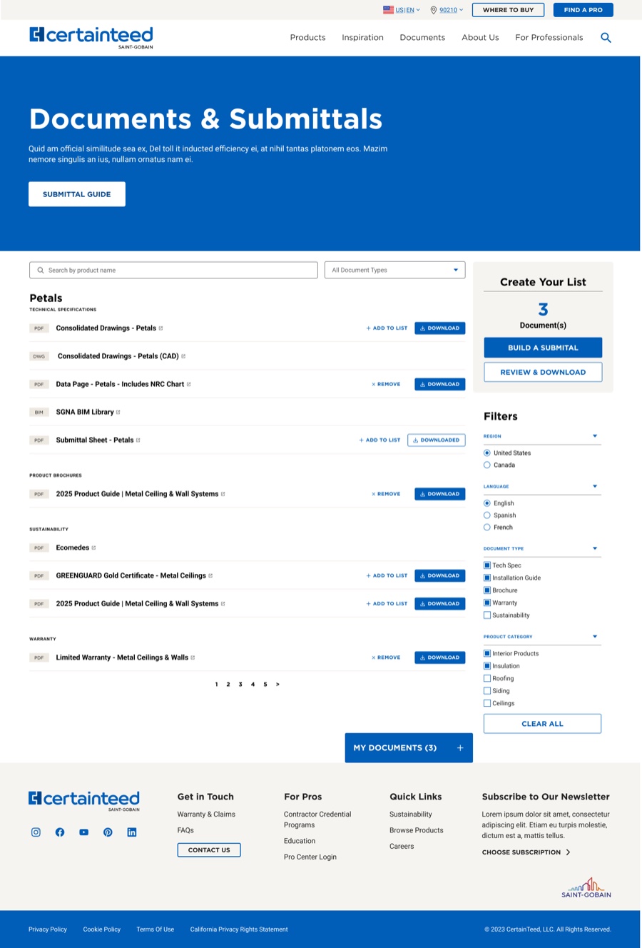 The rebuilt page in two columns, filters moved beneath the submittal box, with a new hero band