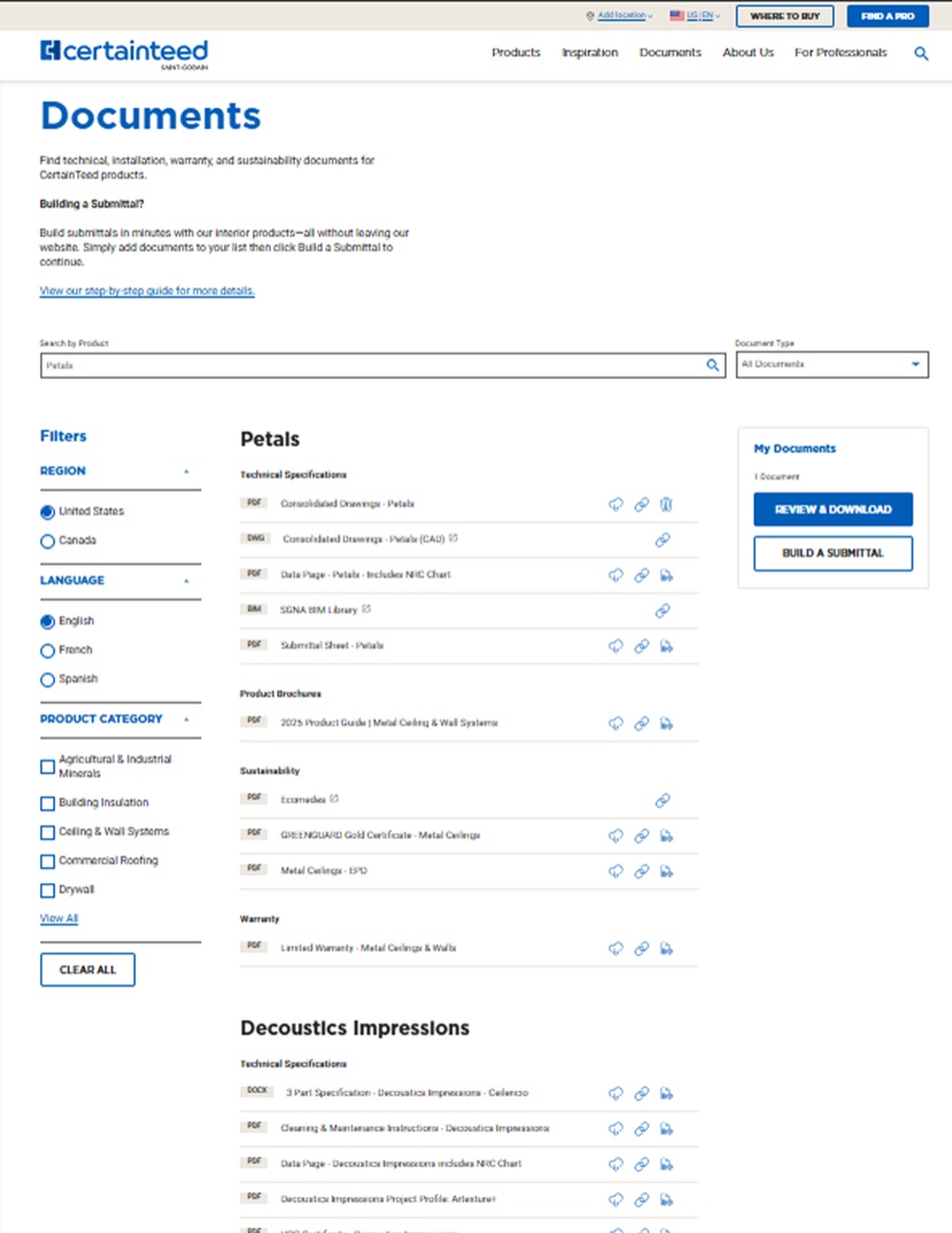 The documents page in three columns, with a full filter column on the left