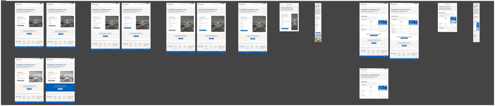 Figma workspace showing the full set of comparison tool screens and states explored