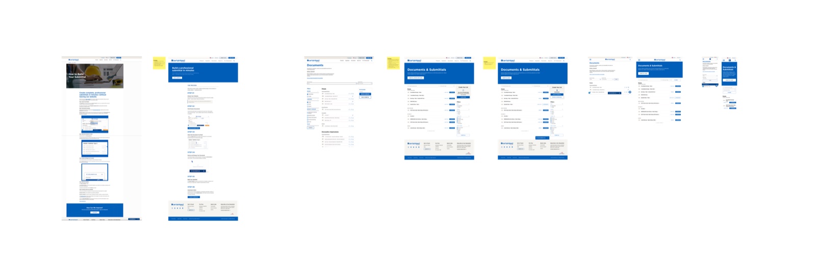 Figma workspace showing the full range of submittal tool screens explored across breakpoints