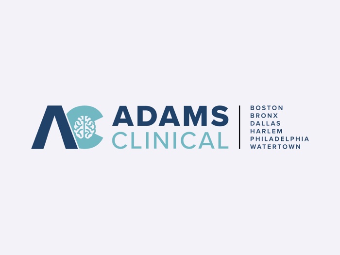 The Adams Clinical logo, an A and C monogram holding an illustrated brain, on a pale grey field