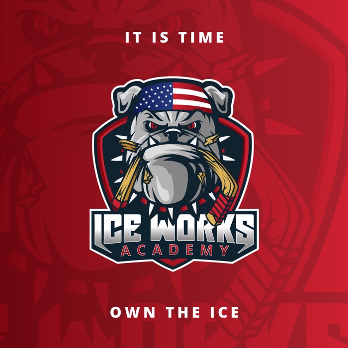 The Ice Works Academy bulldog mascot mark on a deep red field