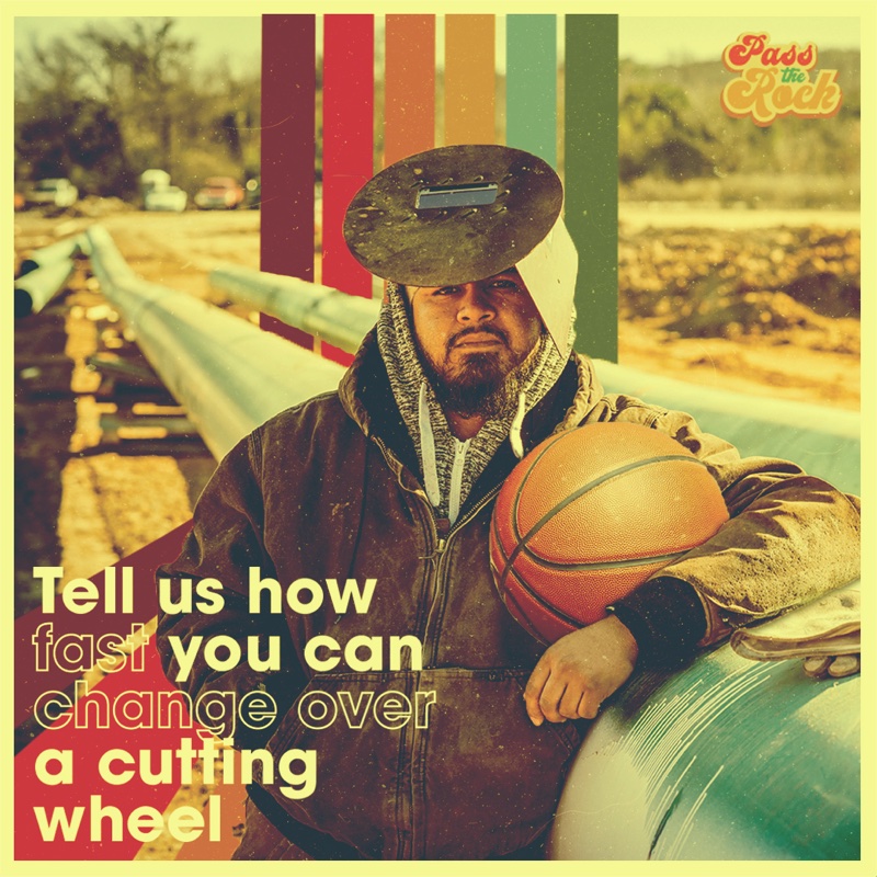 A pipeline welder with his welding hood pushed back and a basketball tucked under his arm, standing at the pipeline