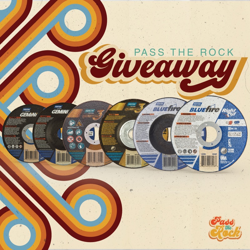 The Pass The Rock giveaway post in the square Instagram format, product lineup against fanned arcs