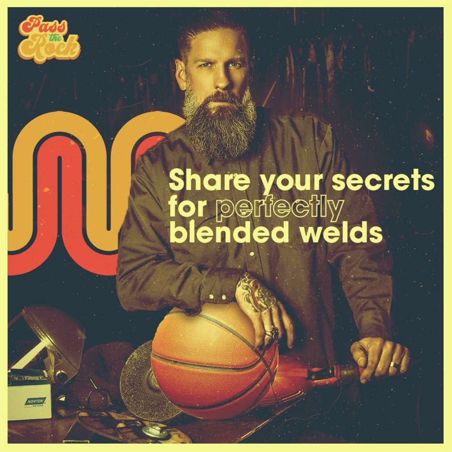 A participation post asking tradespeople to share their secrets for perfectly blended welds, a basketball on the bench beside the grinder