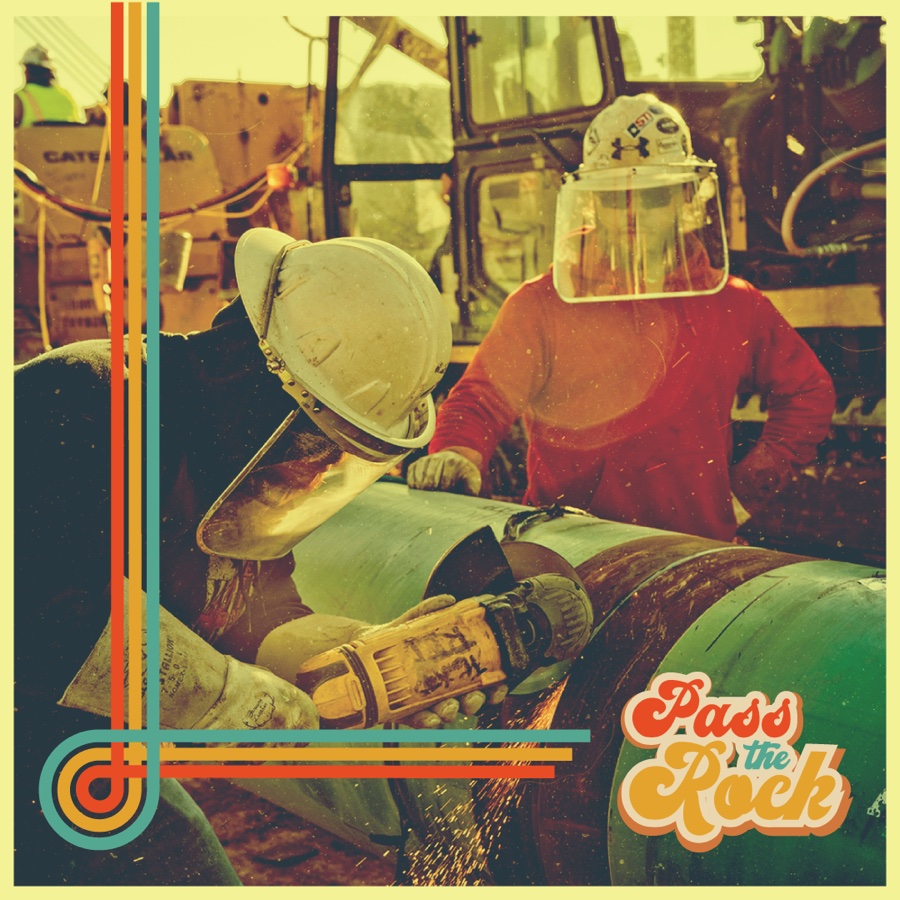 A jobsite grinding shot under the campaign's photo treatment — film grain, dust, and a pushed yellow-green grade, with arc motif and script lockup