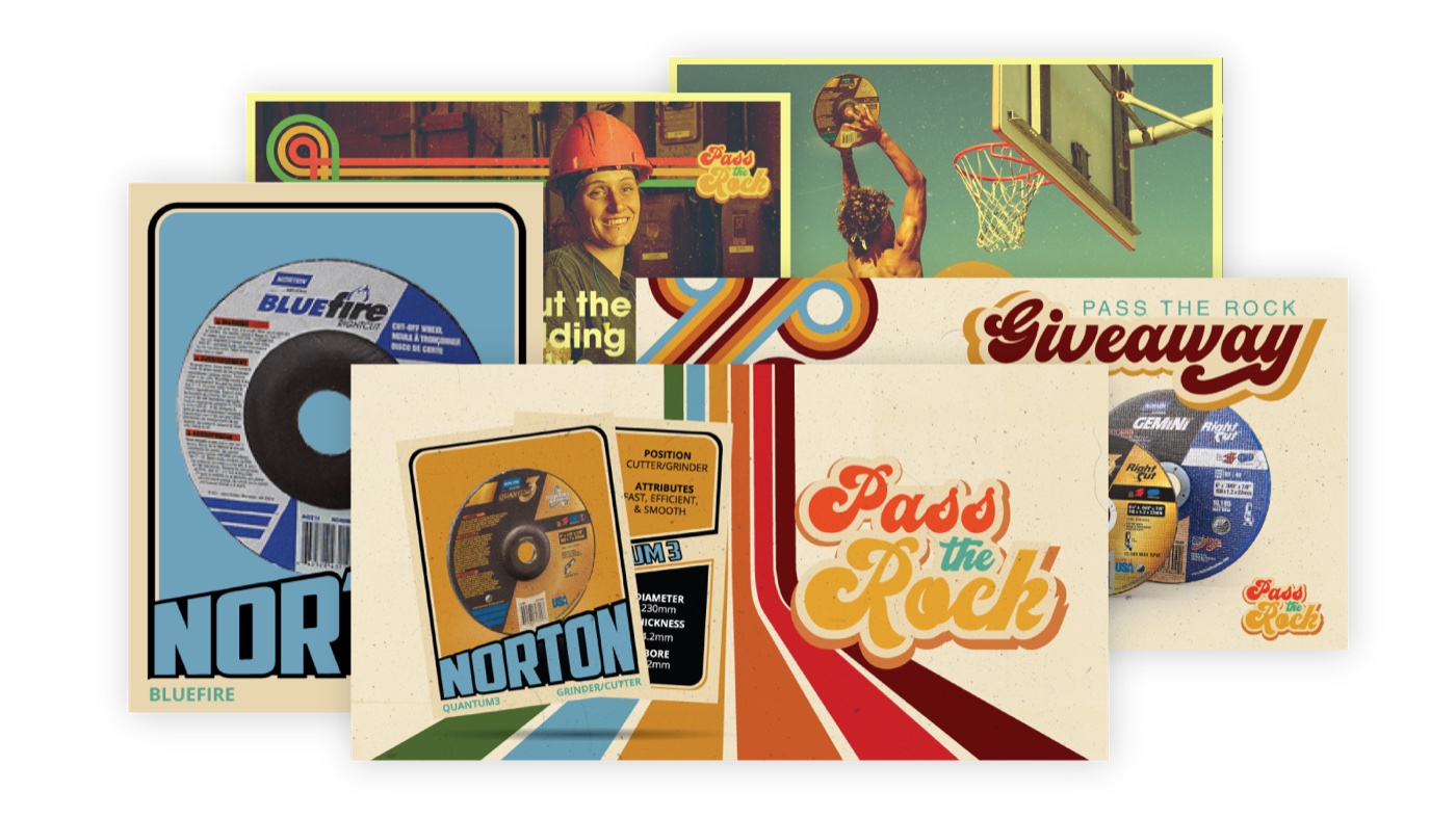 The Pass The Rock campaign system — trading cards, the giveaway post, the script lockup, arc motifs, and the composited playground photography