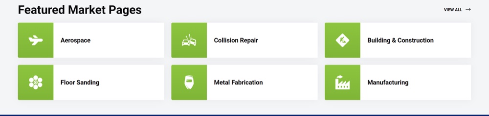 The market tiles on the current homepage, where green appears only as a small icon accent rather than as a field color