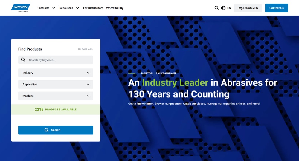 The current Norton Abrasives homepage hero — a product filter card returning a live count, set on a dark blue field carrying a perforated geometric pattern