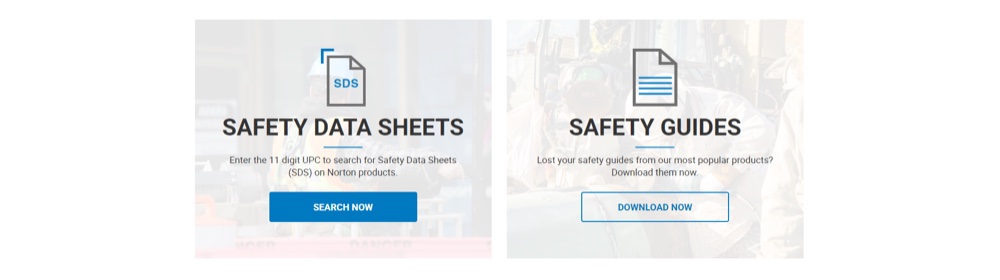 Two equally weighted cards directly beneath the Safety hero — Safety Data Sheets and Safety Guides, each with its own action