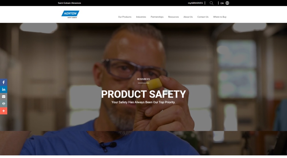 The hand-built Safety page hero — a full-bleed video field with a legible white text overlay reading Product Safety